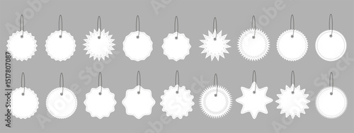 White Hanging Tags. Vector Price Labels. White blank hanging tags with various starburst and wavy shapes on gray background. Vector EPS 10