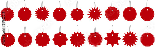 Red Hanging Price Tags. Vector set of blank red hanging promo labels in various shapes for discounts and pricing in retail and ecommerce. Vector EPS 10