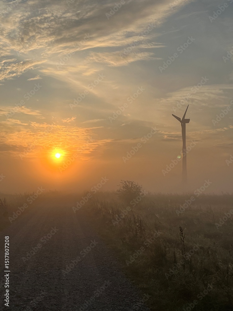 Obraz premium wind turbine in the field in the sunrise a foggy morning