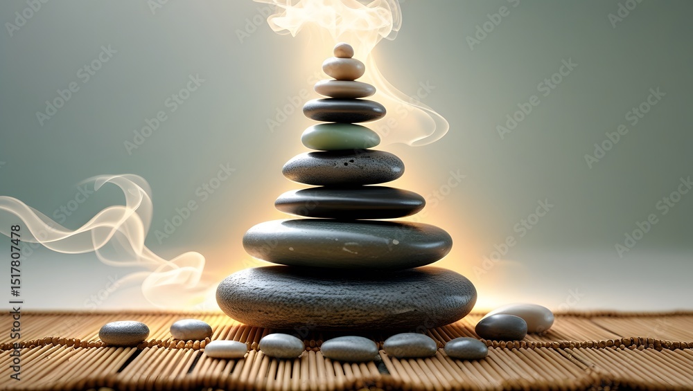 Obraz premium Zen stones and bamboo evoke a sense of balance and harmony, with smooth stacked pebbles promoting relaxation and peace in nature