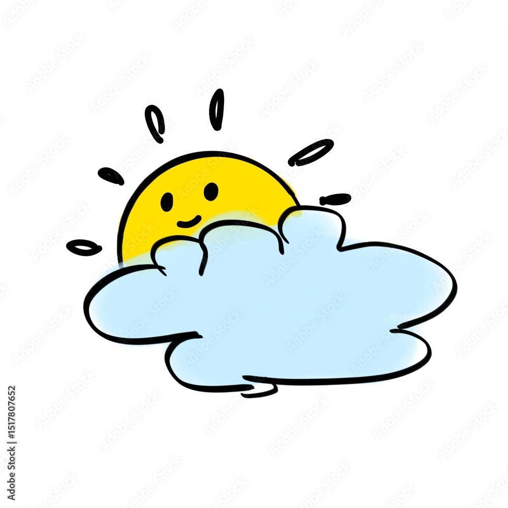 Peeking Sun Behind Cloud – Cute Kawaii Weather Illustration Peeking Sun Behind Cloud – Cute Kawaii Weather Illustration