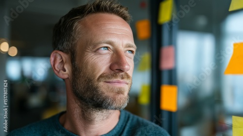 Mid thirties man with stubble thoughtfully reviewing colorful sticky notes on wall