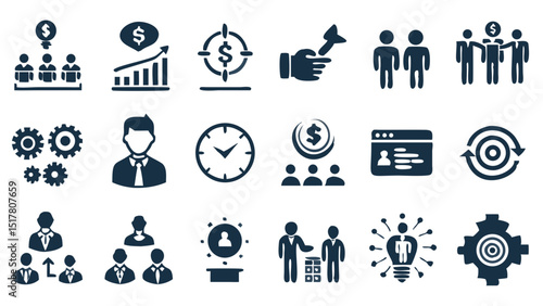 Business icons depicting strategy financial growth teamwork and management expertise in dark blue