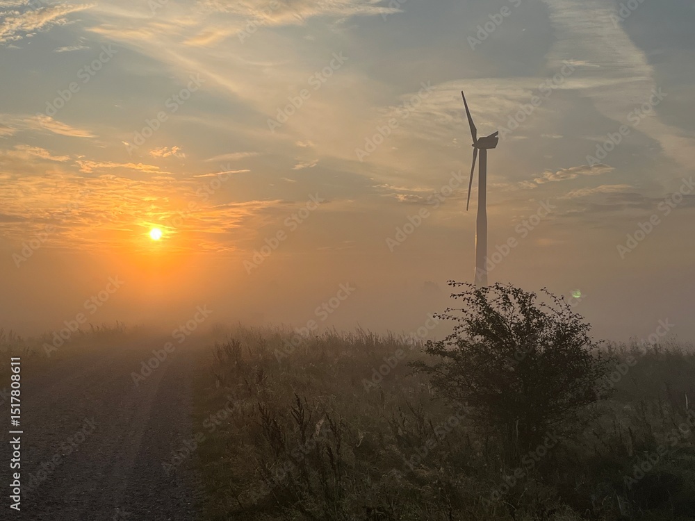 Obraz premium wind turbine in the field in the sunrise a foggy morning