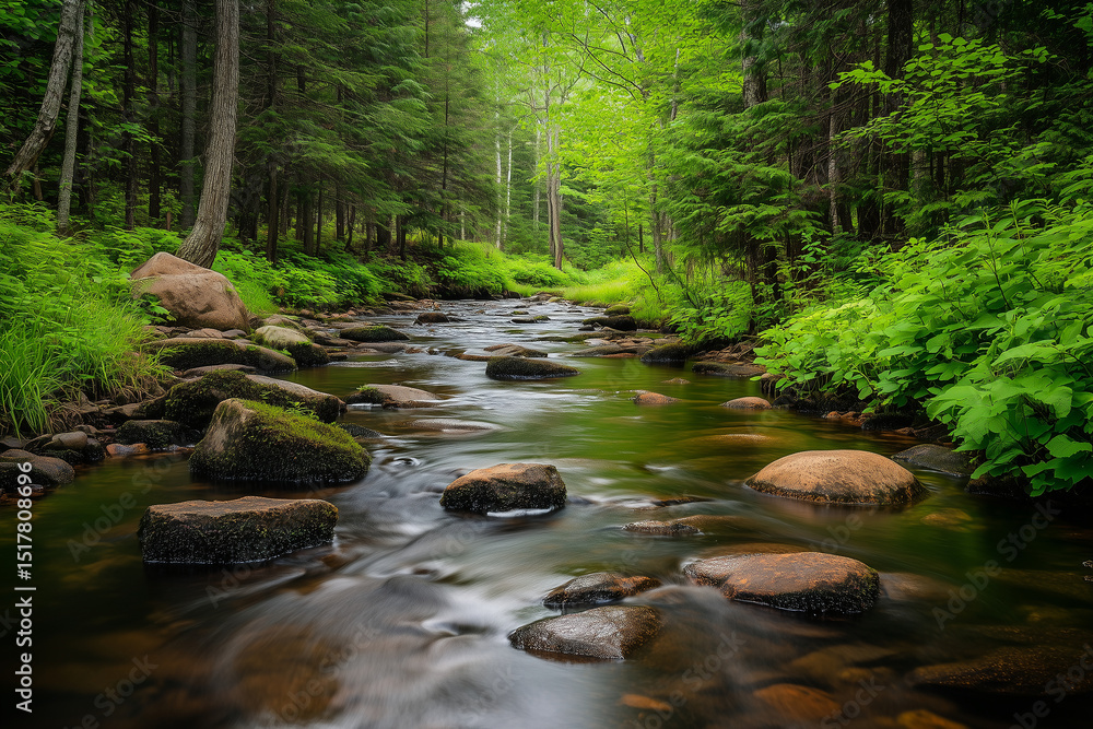 Obraz premium Tranquil forest stream surrounded by vibrant green foliage and smooth stones. Generative AI