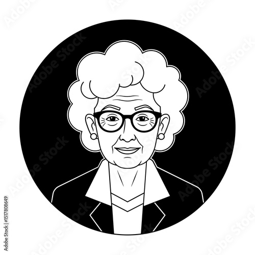 Portrait of a Smiling Elderly Woman with Curly Hair and Glasses