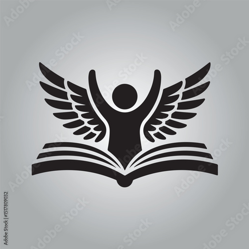 Abstract silhouette of a person with wings rising above an open book illustration