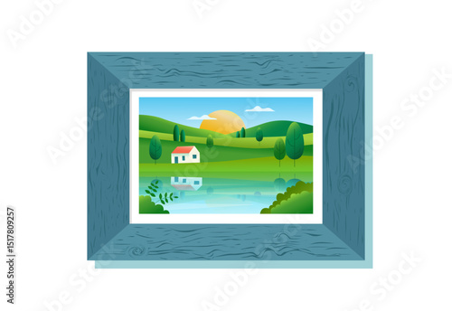 Picture of landscaped nature background in wooden frame. Room interior element. Vector illustration clipart. Gradient banner.