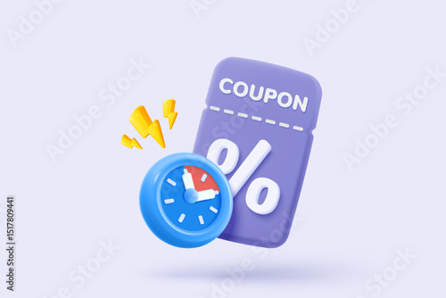 3D thunder bolt icons with coupon for sales and shopping online, discount coupon of cash. flash lightning on time alert notice special offer promotion. 3d price tags icon vector render illustration