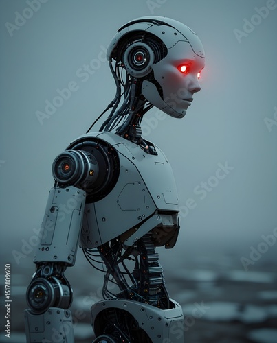In the Desolate Expanse of a Future Not Yet Realized: A Robot with Glowing Red Eyes
