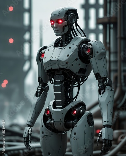 In the Forefront of a Dystopian Industrial Landscape: A Futuristic Humanoid Robot