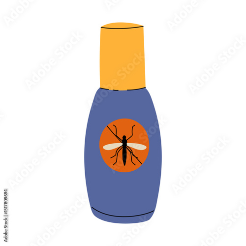Illustration of a mosquito repellent spray bottle with insect icon, ideal for articles on camping, travel, health, and summer protection. Clean and bold design. Vector Stock Illustration.