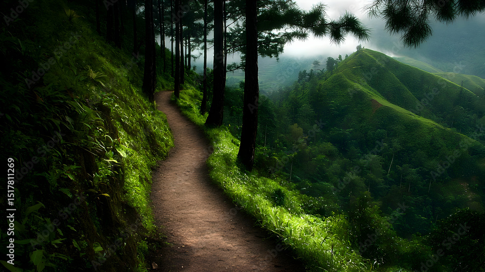 Obraz premium Lush Forest Pathway Winding Through Mountains