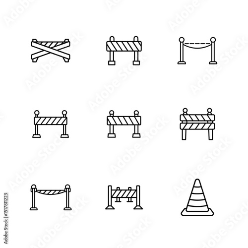 Construction Barrier and Traffic Cone Line Icons – Road Safety and Warning Sign Vector Set