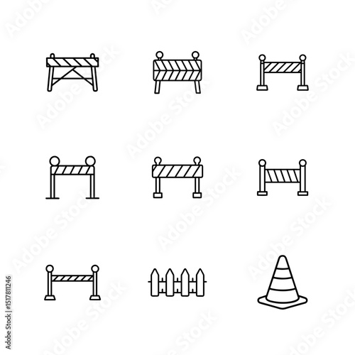 Construction Barrier and Traffic Cone Line Icons – Road Safety and Warning Sign Vector Set