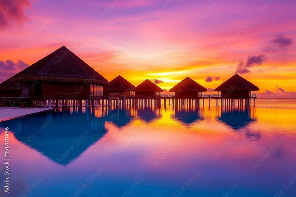 Fototapeta premium Overwater Bungalows at Sunset: Vibrant Colors Reflecting on Calm Ocean Water