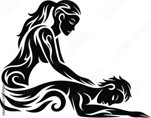 Person receiving back massage from therapist vector illustration, person receiving back massage from therapist silhouette and line art vector design