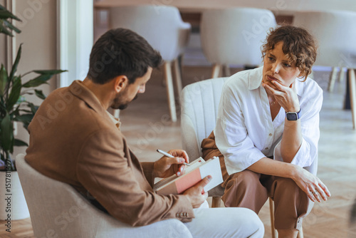 Foto Counselor and Client Discussing Concerns in a Serene Office Setting