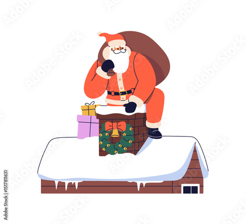 Santa Claus climbing down chimney on house roof with snow. Christmas character with festive sack delivering winter holiday gifts, Xmas present. Flat vector illustration isolated on white background