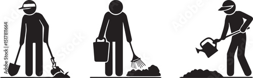 Black and white stick figure icon set representing cleaning and household chores