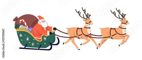 Santa Claus riding sleigh with reindeers. Christmas character in festive sledge, winter holiday sled with gift sack, bag, Xmas presents. . Flat vector illustration isolated on white background