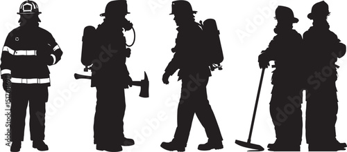 Firefighter Team Silhouettes in Various Poses and Gear
