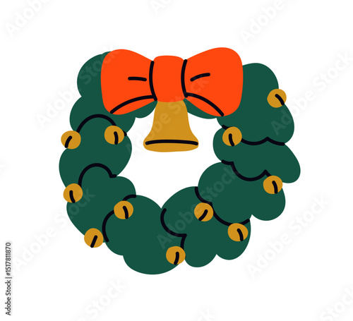 Christmas door wreath with ribbon bow and bell. Festive decoration, Xmas ador...