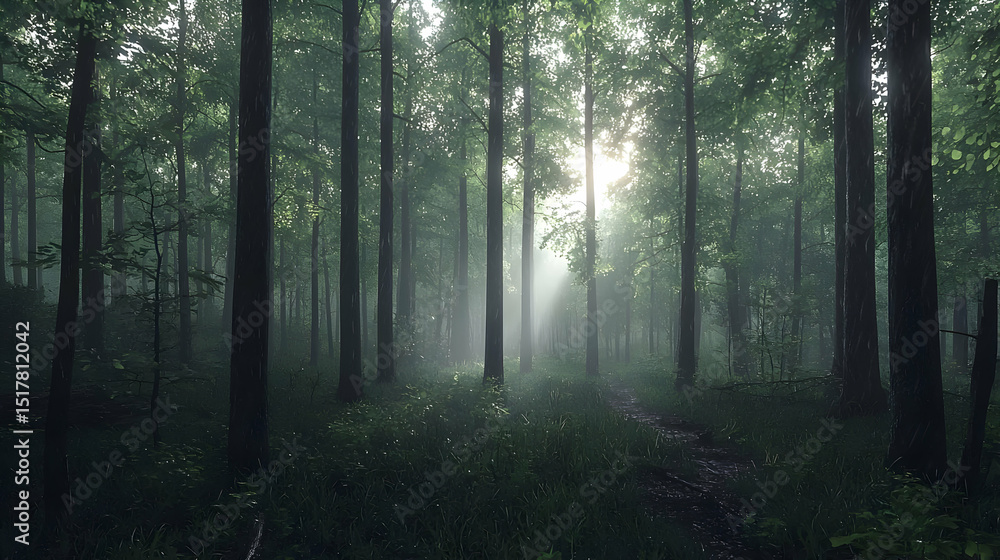 Obraz premium Misty Forest Path With Sunlight