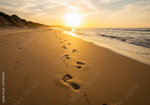 Fototapeta Naklejka Na Ścianę i Meble -  Footprints in the sand lead along a quiet beach at sunset, with waves gently touching the shore