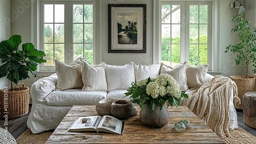 Inviting interior design showcasing a comfortable living room with neutral tones, abundant natural light, and rustic wooden elements, offering a sense of calm and relaxation