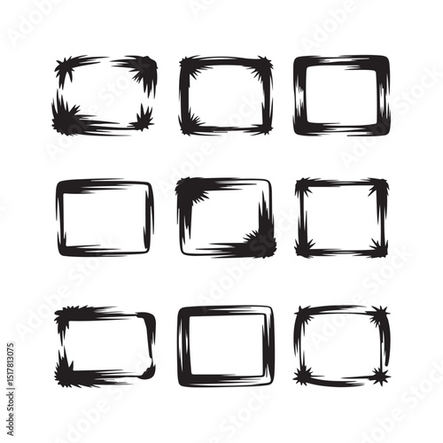 Collection of nine simple, graphic black rectangular frames with a distressed, hand-drawn, or grunge effect.