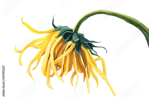 Close up of a drooping, withered sunflower.