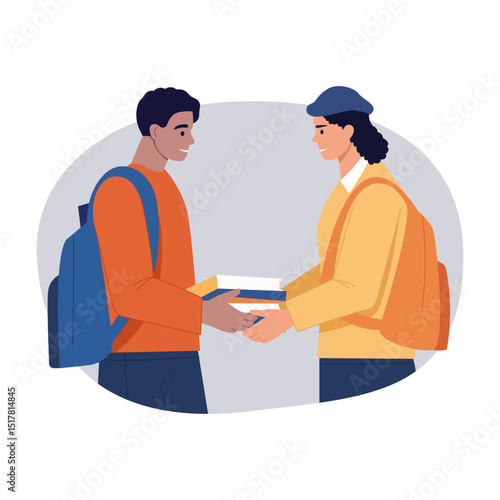 A flat style illustration showing characters exchanging books