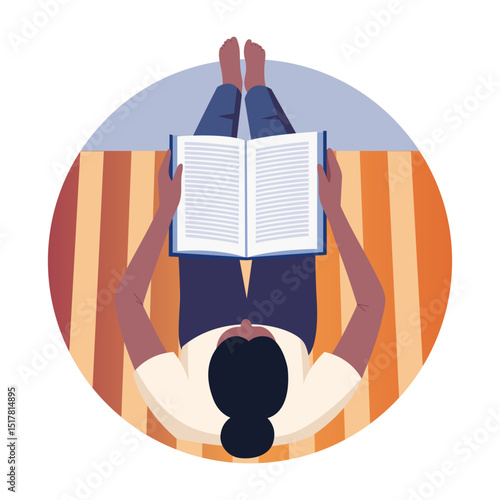 Flat style illustration depicting a bibliophile character reading a book