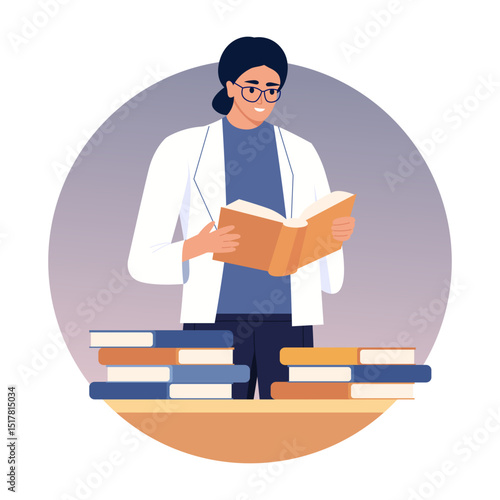 Flat style illustration showing a librarian reading a book