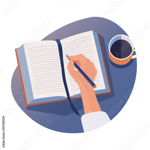 Writing a diary with a pen, flat style illustration