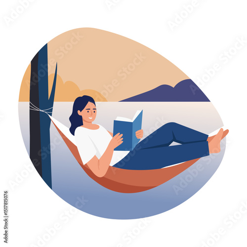 Flat style illustration showing a person doing hammock reading
