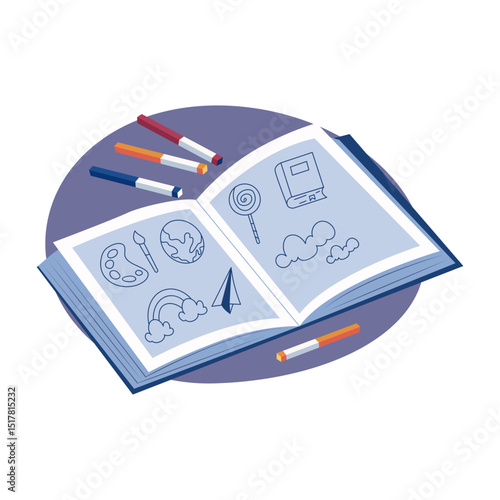 Flat style illustration showing a colouring book