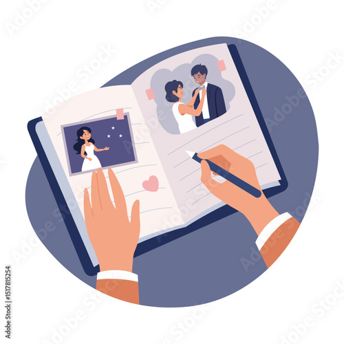 Flat style illustration showing a wedding scrapbook