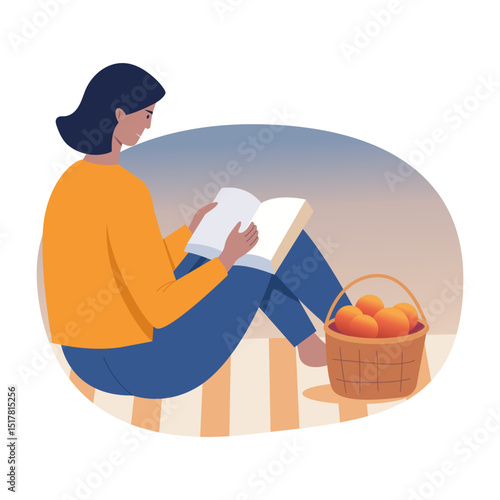 Flat style illustration showing a person enjoying picnic reading