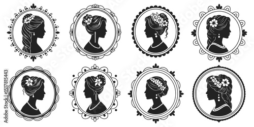 Silhouette portraits of elegant women with floral hairstyles and jewelry in ornate circular frames, vector illustration set.