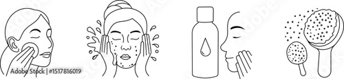 Facial skincare routine line icon set. Vector pictograms of cleansing, washing face, applying lotion, pore check, and skin treatment in outline style.