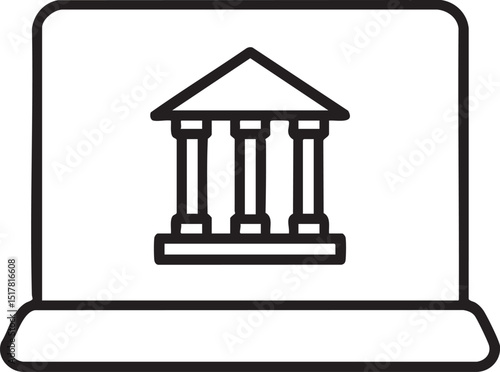 Online Banking Concept Laptop Displaying Classic Bank Building Icon in Black and White black
