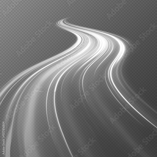 Snowy road on gray transparent background.. White bright blurred light lines in wave and speed motion. Abstract vector fire circles, sparkling swirls and energetic light spiral frames.	