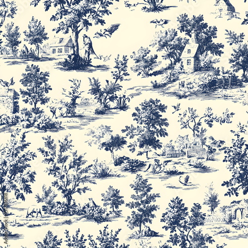 Seamless Toile de Jouy pattern of pastoral countryside in navy blue on cream, with delicate engraving-style linework. Elegant and vintage, perfect for textiles, wallpapers, or classic decorative desig