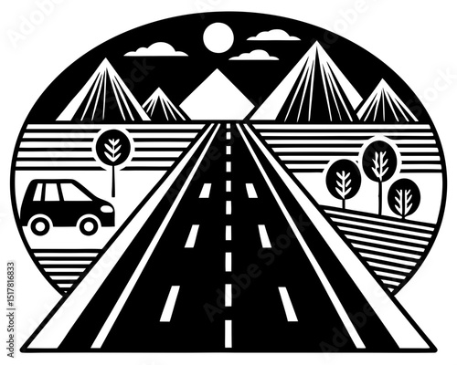 Scenic road trip black and white illustration