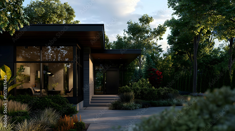 Fototapeta premium Modern House Exterior With Lush Landscaping And Soft Lighting