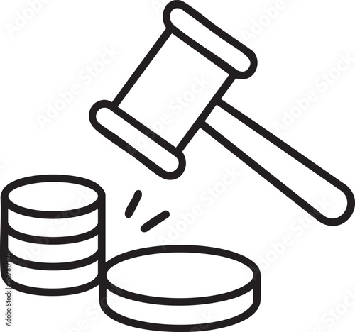 Gavel Striking Coins A Symbolic Representation of Legal Judgement and Financial Consequences in Black and White Line Art