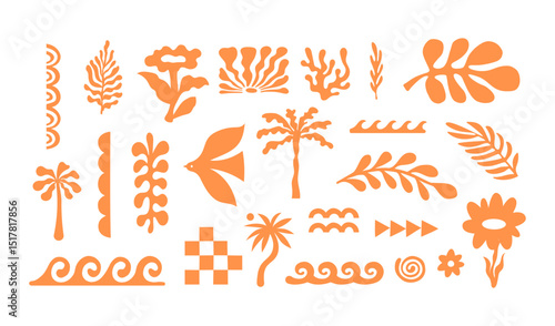 Vector set of hand drawn cut out style elements and illustrations - abstract design elements for party and picnic invitations, summer  greeting cards, prints, in marine coastal style