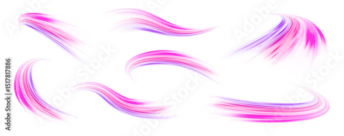 Set of neon speed lines on transparent background PNG. Abstract vector fire circles, sparkling swirls and energy light spiral frames.
